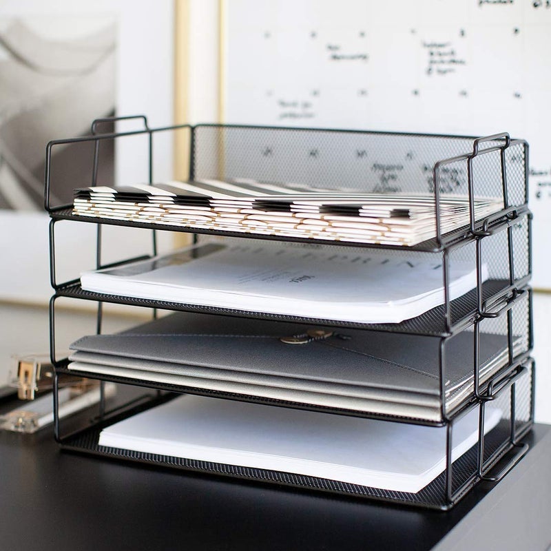 BLU MONACO 4-Tier Stackable Paper Tray | Black Metal Mesh Letter Tray File Holder | Desk Organizer for Office Organization | 14.8 x 13 x 10.9 in Workspace Document Storage - Image 3